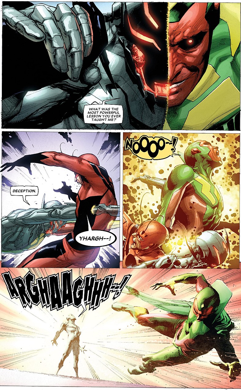 Ultron overrides Vision's programming in Avengers: Rage of Ultron Vol. 1 #1 (2015), Marvel Comics.Words by Rick Remender, art by Jerome Opeña, Pepe Larraz, Mark Morales, Dean White, Rachelle Rosenberg, Dono Sánchez-Almara.