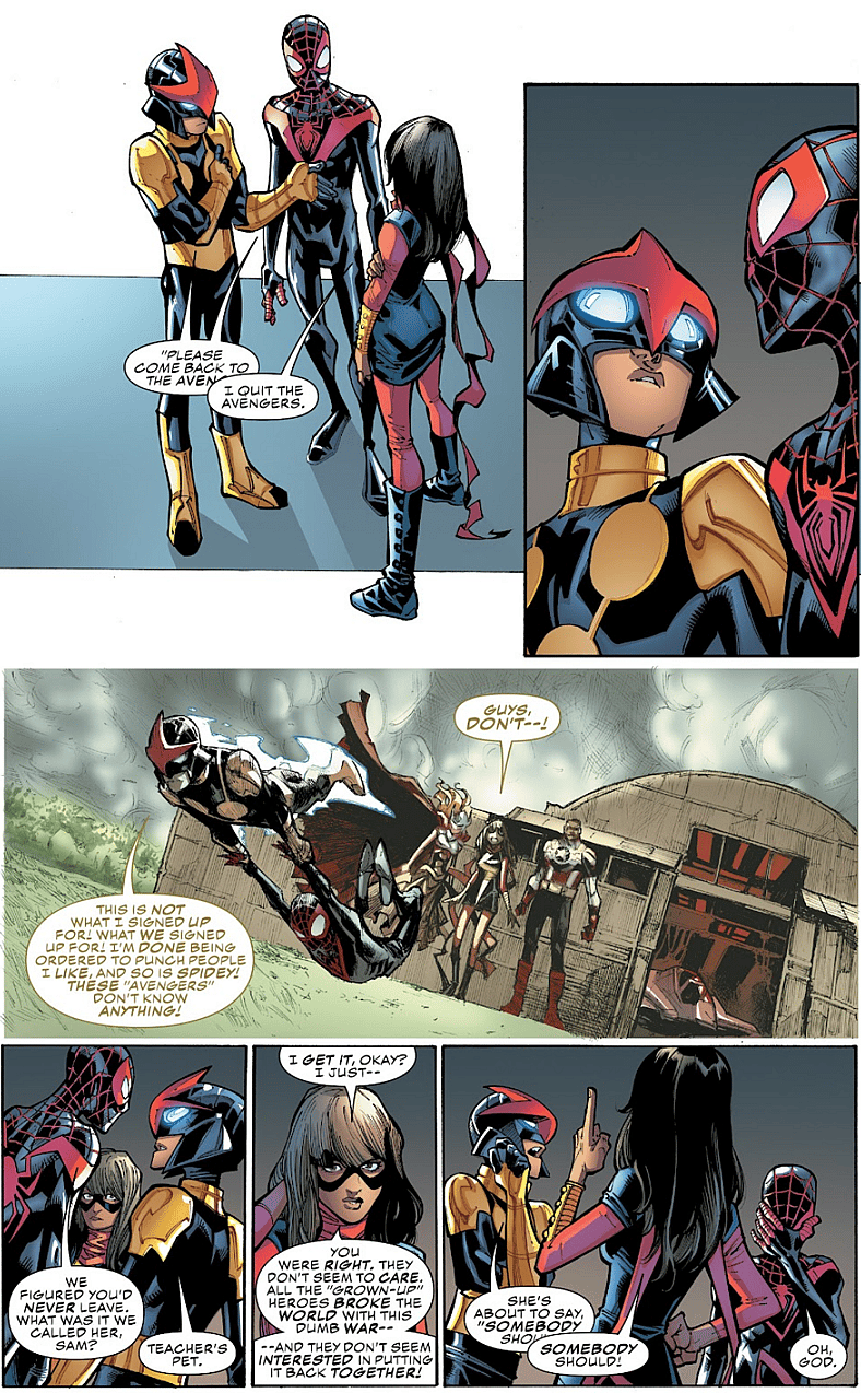 The Avengers clash with their former proteges on Humberto Ramos' cover to Champions Vol. 2 #1 (2016), Marvel Comics. Words by Mark Waid, art by Humberto Ramos, Victor Olazaba, Edgar Delgado and Clayton Cowles.