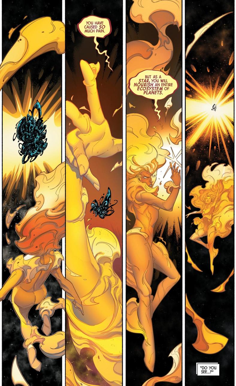 Jean Grey turns Gorr the God Butcher into a literal star in Phoenix Vol. 1 #5 (2024), Marvel Comics. Words by Stephanie Phillips, art by Alessandro Miracolo, Marco Renna, and David Curiel.