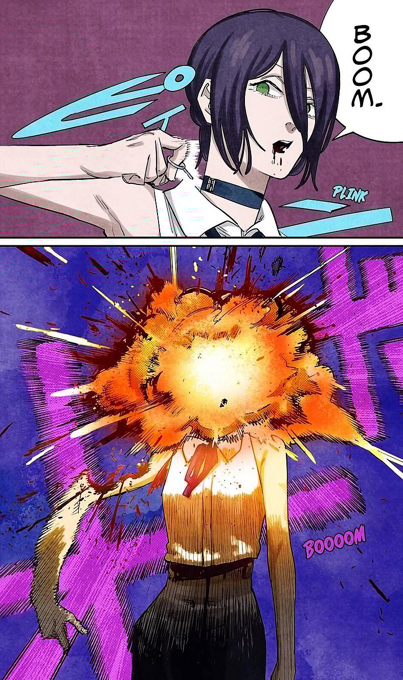 Reze activates her Bomb ability in Chainsaw Man Chapter 44 "Boom Boom Boom" (2019), Shueisha. Words and Art by Tatsuki Fujimoto.