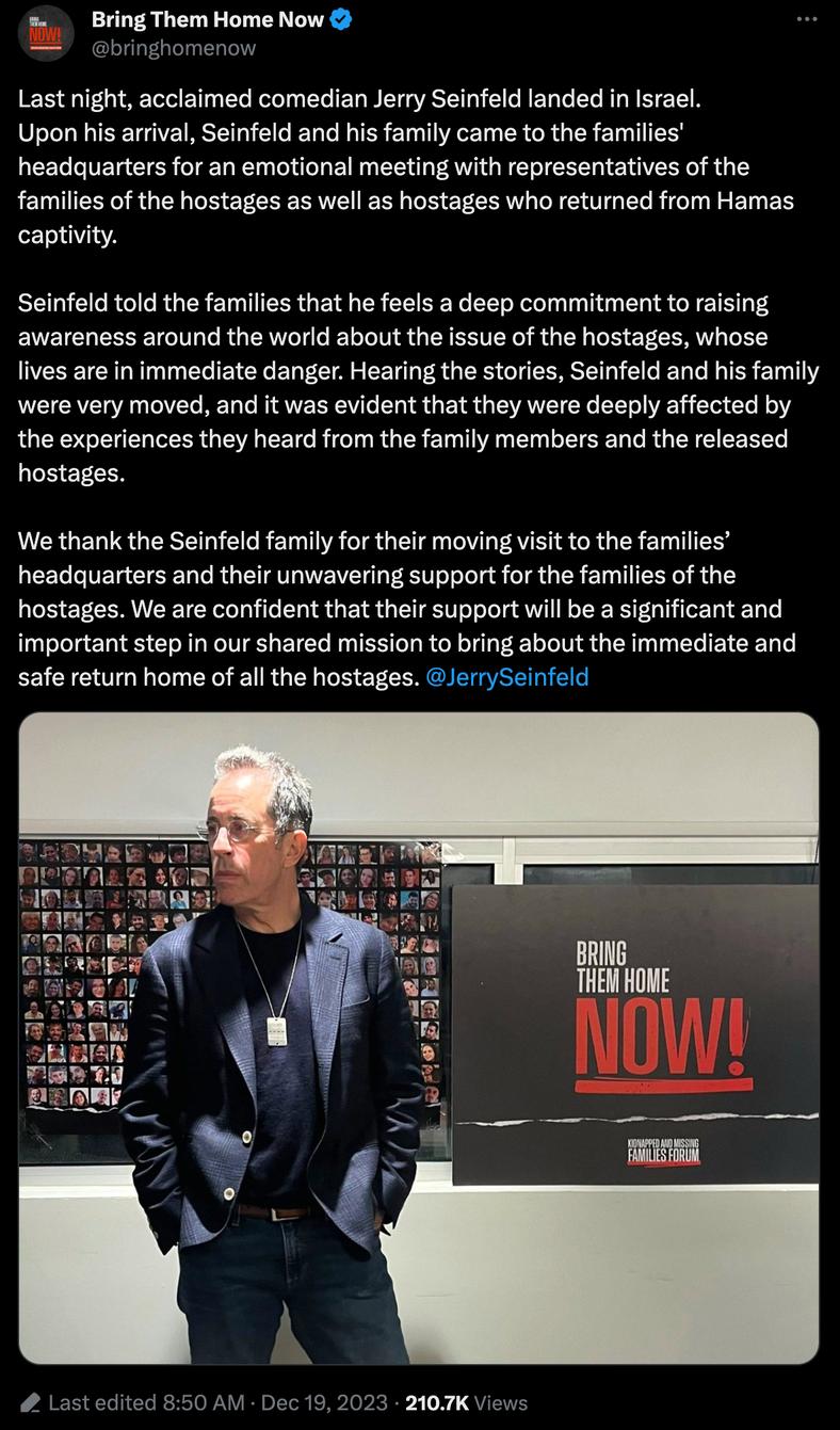 Bring Them Home Now thanks Jerry Seinfeld for lending support amid armed conflict with Hamas