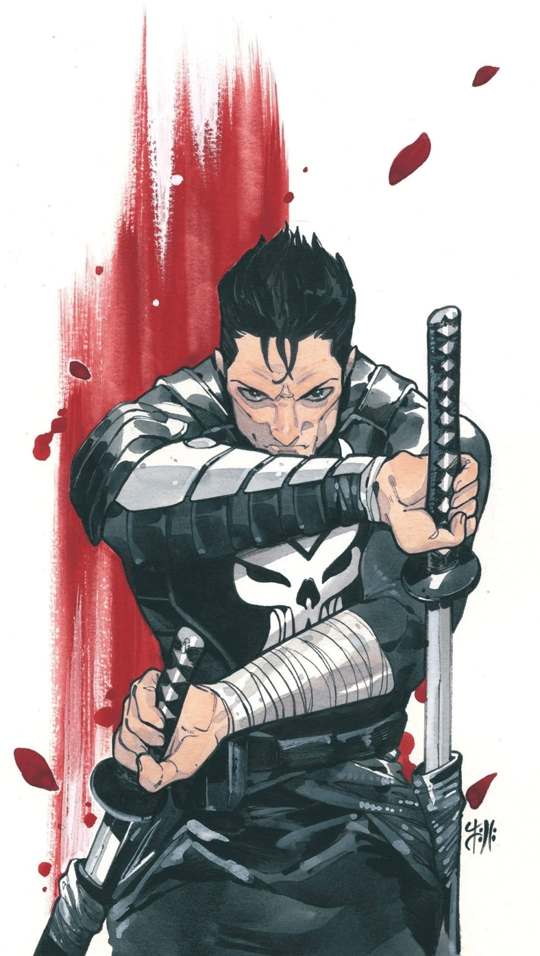 Frank Castle draws his blades on Peach Momoko variant cover to Punisher Vol. 13 #1 (2022), Marvel