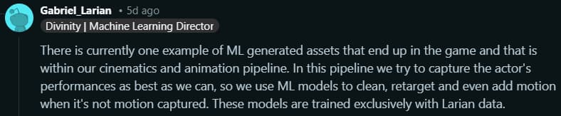 Gabriel Bosque explains how Machine Learning is used for cinematic and animation in Divinity via Reddit