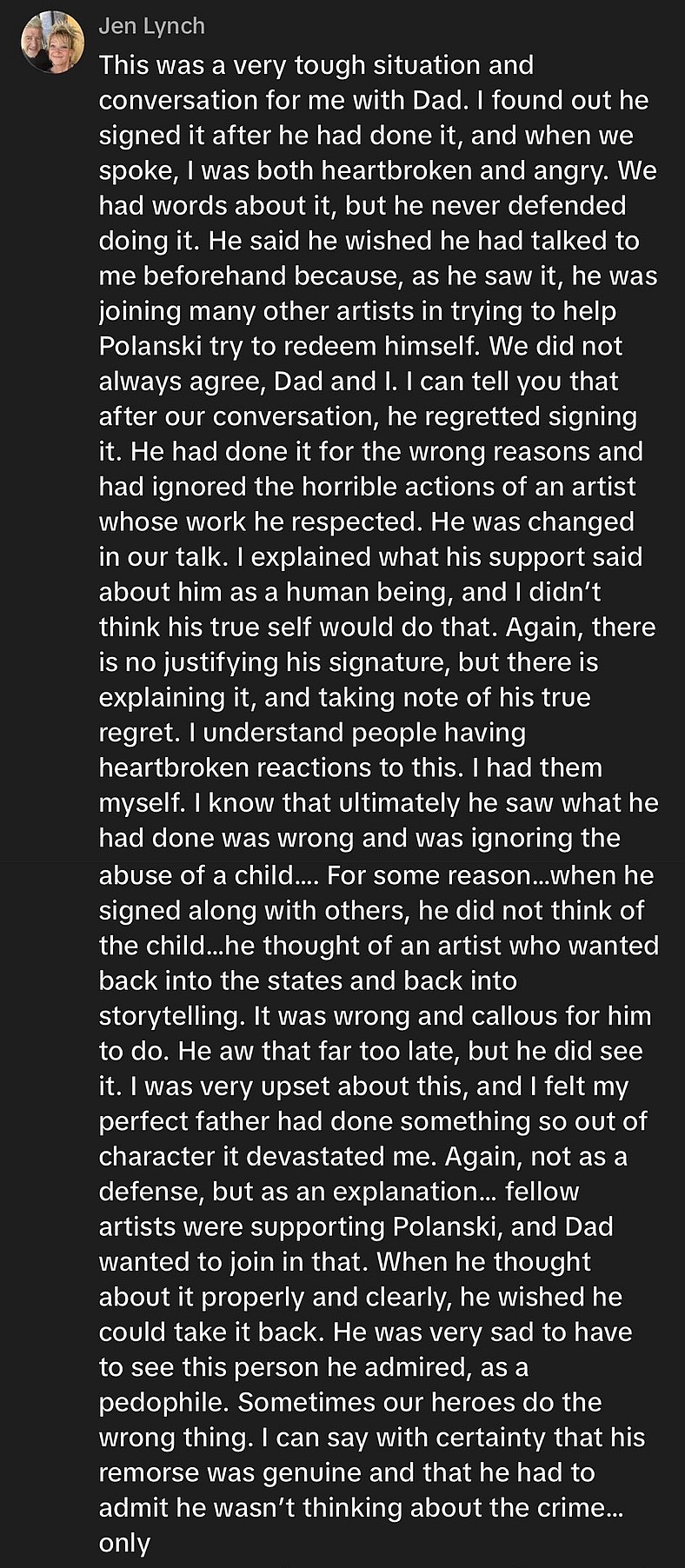 Jennifer Lynch reflects on her father, 'Twin Peaks' co-creator David Lynch, signing the 2009 Roman Polanski support petition.