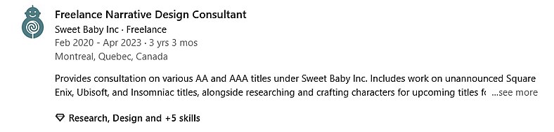 Kazuma Hashimoto's resume entry for Sweet Baby Inc. via LinkedIn