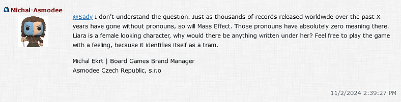 Michal Ekrt discusses pronouns in Mass Effect - Priority Hagalaz (2024), Modiphius Entertainment