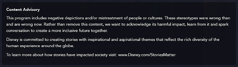 Disney Plus' now-former content warning, as removed on February 11th