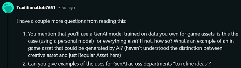 TraditionalJob7651 asks for details on how AI is being used by Larain Studios via Reddit