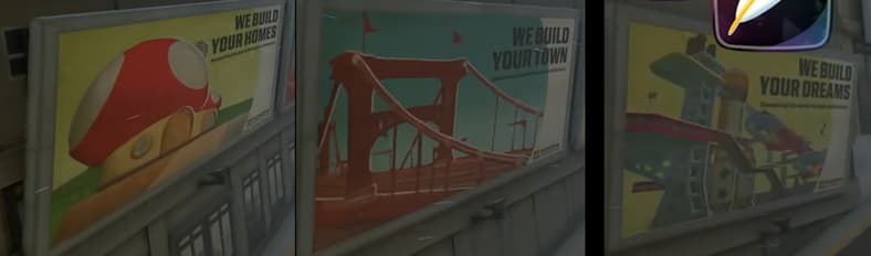 A trio of billboards for a construction company in Mario Kart World (2025), Nintendo