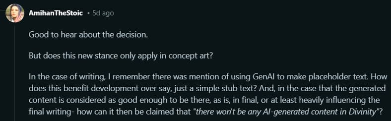 AmihanTheStoic asks Larain Studios of AI will be used for text and dialogue in Divinity via Reddit