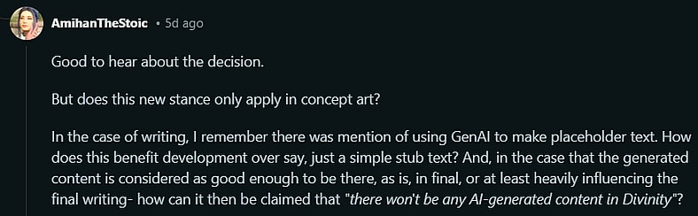 AmihanTheStoic asks Larain Studios of AI will be used for text and dialogue in Divinity via Reddit