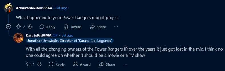 'Karate Kid: Legends' Director Jonathan Entwistle opens up about his work on Netflix's cancelled YA 'Power Rangers' reboot.