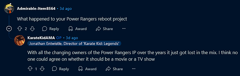 'Karate Kid: Legends' Director Jonathan Entwistle opens up about his work on Netflix's cancelled YA 'Power Rangers' reboot.