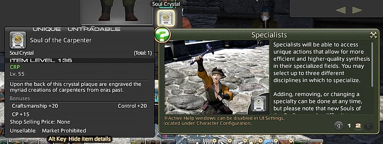Soul of the Carpenter and Specialists help window in Final Fantasy XIV: Endwalker (2021), Square