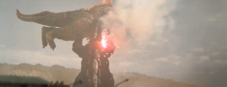 Sparks fly between the pair as Godzilla gives Titanosaurus a lift in Terror of Mechagodzilla (1975), Toho Co. Ltd.