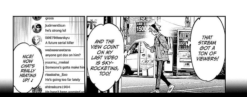 Soji Enishiro taunts his chat in Dead Account Chapter 1 "The Ultimate Flamebaiter" (2023), Kodansha. Words and Art by Shizumu Watanabe.