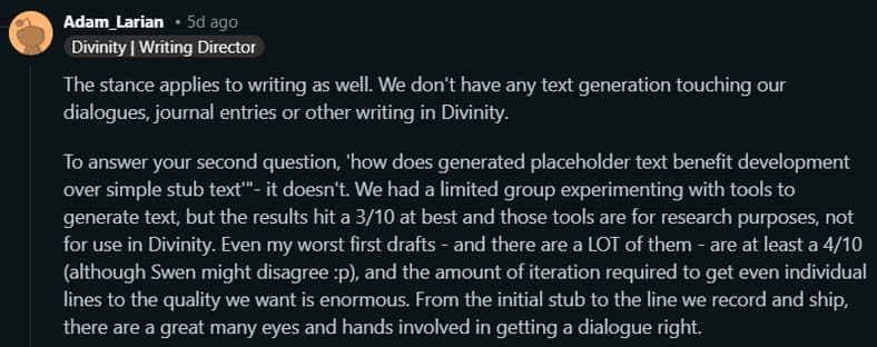Adam Smith assures AI won't be used for writing in Divinity via Reddit