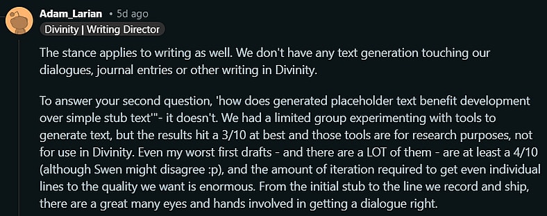 Adam Smith assures AI won't be used for writing in Divinity via Reddit