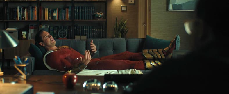 Zachary Levi as Captain Marvel seeking therapy in Shazam: Fury of the Gods (2023), Warner Bros