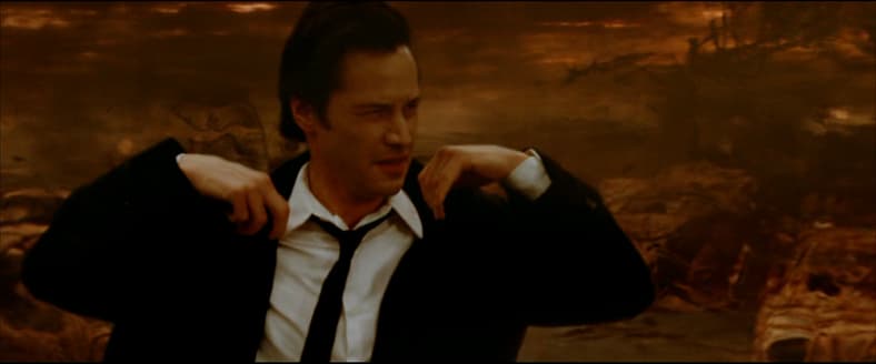 John Constantine (Keanu Reeves) readies to walk through Hell in Constantine (2005), Warner Bros