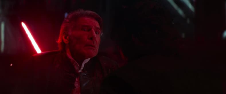 Han Solo (Harrison Ford) killed by Kylo Ren (Adam Driver) in Star Wars: The Force Awakens (2015)