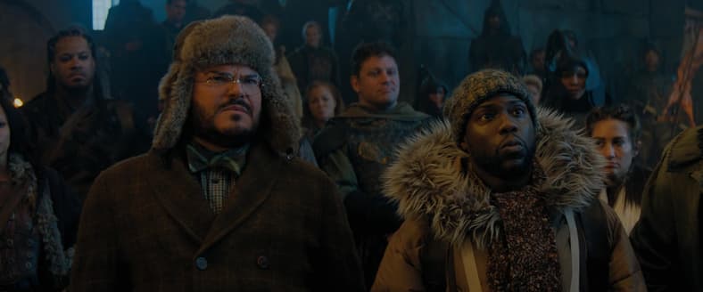 Bethany (Jack Black) and Fridge (Kevin Hart) fool Jurgen the Brutal (Rory McCann) in Jumanji: The
