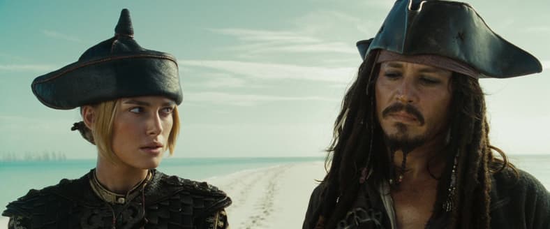Elizabeth Swann frustrated with Captain Jack Sparrow's lack of plan in Pirates of the Caribbean