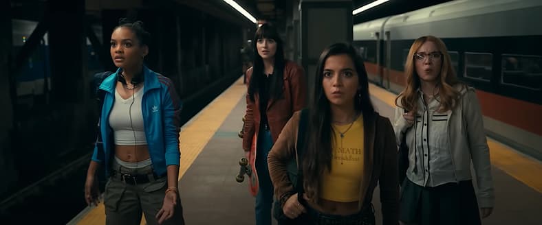Celeste O'Connor as Mattie Franklin, Dakota Johnson as Cassandra Webb, Isabela Merced as Anya Corazon, and Sydney Sweeney as Julia Cornwall in Madame Web (2024), Sony Pictures Entertainment