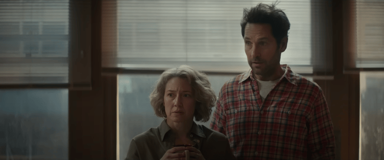 Carrie Coon as Callie Spengler and Paul Rudd as Gary Grooberson in Ghostbusters: Frozen Empire