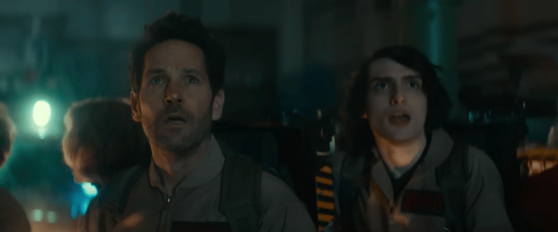 Paul Rudd as Gary Grooberson and Finn Wolfhard as Trevor Spengler in Ghostbusters: Frozen Empire