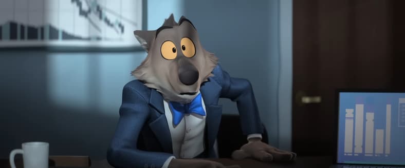 Wolf (Sam Rockwell) realizes he's already robbed the bank he's interviewing for in The Bad Guys 2 (2025), Universal Pictures