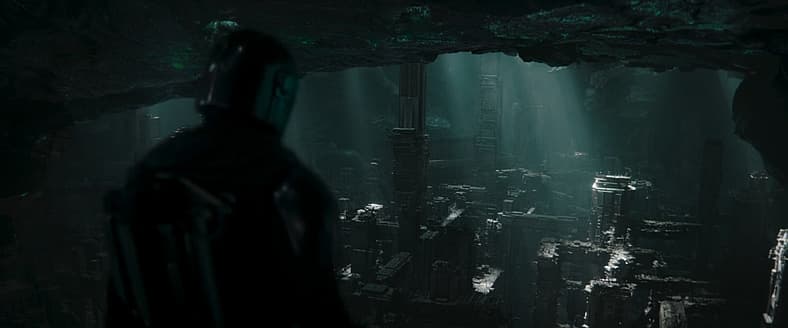 Din Djarin (Pedro Pascal) explores Mandalore's underground Civic Center in The Mandalorian Season 3