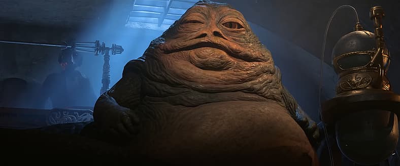 Jabba the Hutt (TBA) leers out of the darkness in Star Wars Outlaws (2024), Ubisoft