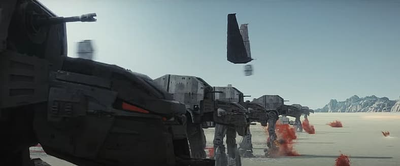 First Order AT-M6s, shuttle, TIE Fighters advance at Battle of Crait in Star Wars Episode VIII