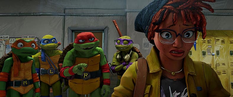 April O'Neil hides the Turtles from schoolmates in Teenage Mutant Ninja Turtles: Mutant Mayhem