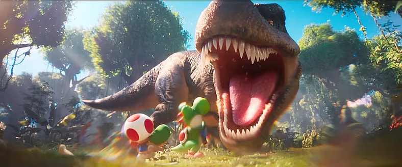 A T-Rex roars at Yoshi (TBA), Toad (Keegan-Michael Key), and the baby Mario Bros (TBA). in The Super Mario Galaxy Movie (2026), Universal Pictures