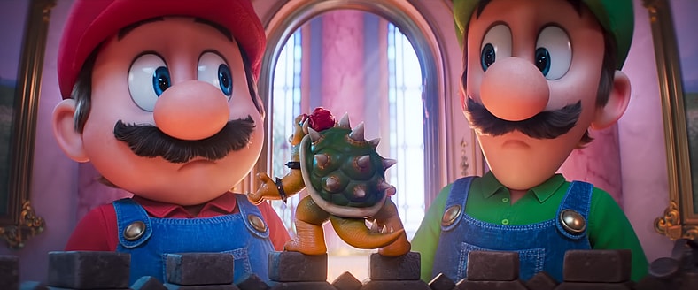 Mario (Chris Pratt) and Luigi (Charlie Day) are surprised how much fight Bowser (Jack Black) still has in him in The Super Mario Galaxy Movie (2026), Illumination Entertainment
