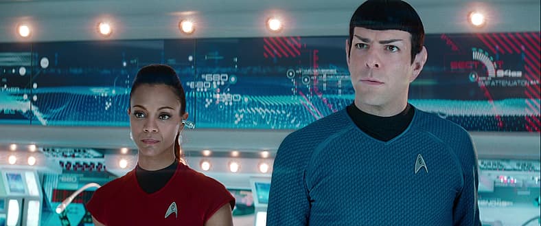 Uhura and Spock receive orders from Kirk in Star Trek Into Darkness (2013), Paramount Pictures