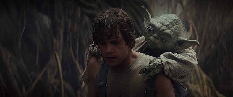 Master Yoda (Frank Oz) teaches Luke Skywalker (Mark Hamill) about The Force in Star Wars Episode V