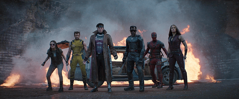 Laura (Dafne Keen), Wolverine (Hugh Jackman), Gambit (Channing Tatum), Blade (Wesley Snipes), Deadpool (Ryan Reynolds) and Elektra (Jennifer Garner) face off Cassandra Nova (Emma Corrin) in Deadpool & Wolverine (2024), Marvel Studios