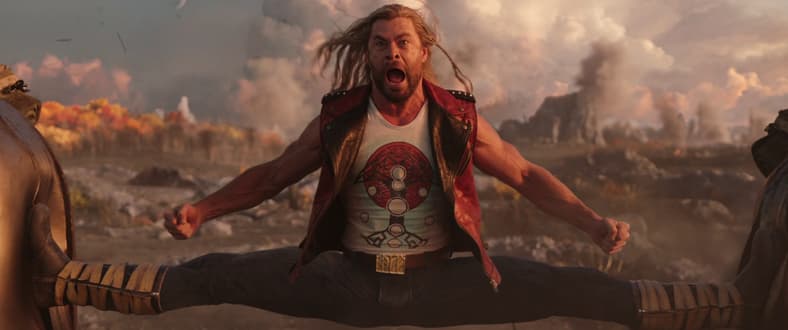 Thor split kicks Booskan speeders in Thor: Love and Thunder (2022), Marvel Entertainment