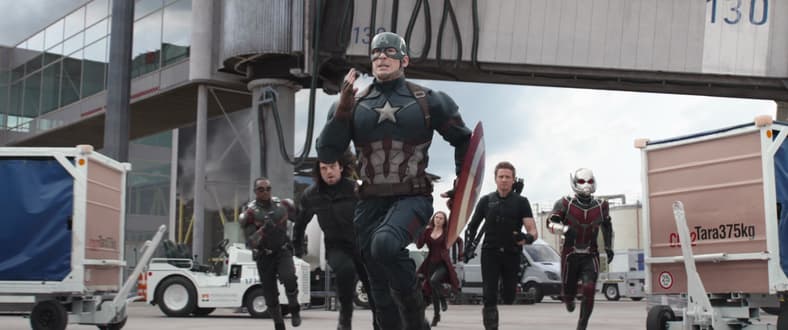 Captain America (Chris Evans) leads Winter Soldier, Hawkeye, Ant-Man, Falcon, Scarlet Witch against
