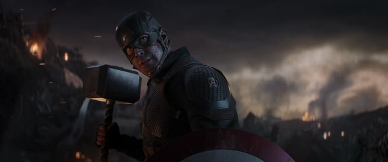 Captain America (Chris Evans) proves worthy of Mjolnir in Avengers: Endgame (2019), Marvel
