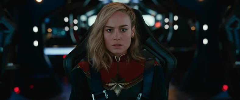 Carol Danvers (Brie Larson) prepares for a jump to Kree space in The Marvels (2023), Marvel Entertainment