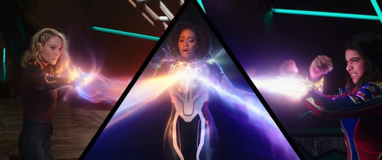 An actual shot of the titular team powering up in The Marvels (2023), Marvel Entertainment