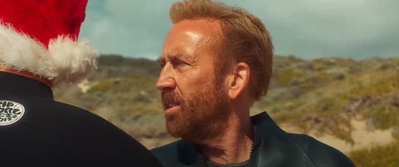 The Surfer (Nicolas Cage) in a confrontation with Scally (Julian McMahon) in The Surfer (2025), Saturn Films