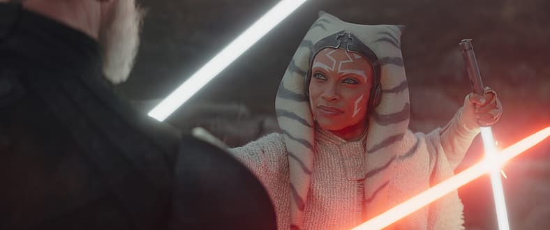 Baylan Skoll (Ray Stevenson) and Ahsoka Tano (Rosario Dawson) in STAR WARS: AHSOKA