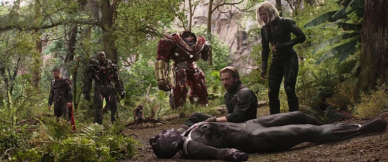 The Avengers - Captain America (Chris Evans), Thor (Chris Hemsworth), Black Widow (Scarlett Johannson), The Hulk (Mark Ruffalo), Rocket Racoon (Bradley Cooper_ and Vision (Paul Bettany) - lay defeated in Marvel's Avengers: Infinity War (2018)