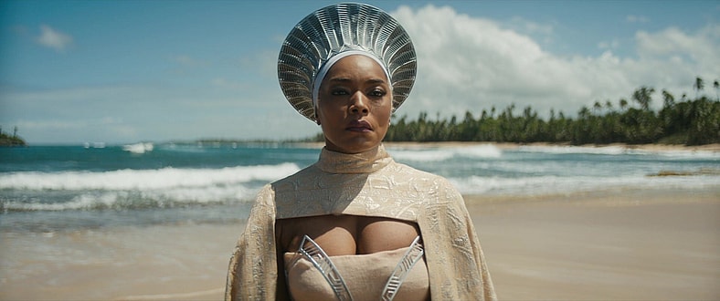 Queen Ramonda (Angela Bassett) defies Namor's (Tenoch Huerta) threats in Black Panther: Wakanda Forever (2022), Marvel Entertainment