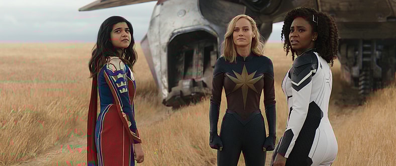 (L-R): Iman Vellani as Ms. Marvel/Kamala Khan, Brie Larson as Captain Marvel/Carol Danvers, and Teyonah Parris as Captain Monica Rambeau in Marvel Studios' THE MARVELS. Photo courtesy of Marvel Studios. © 2023 MARVEL.